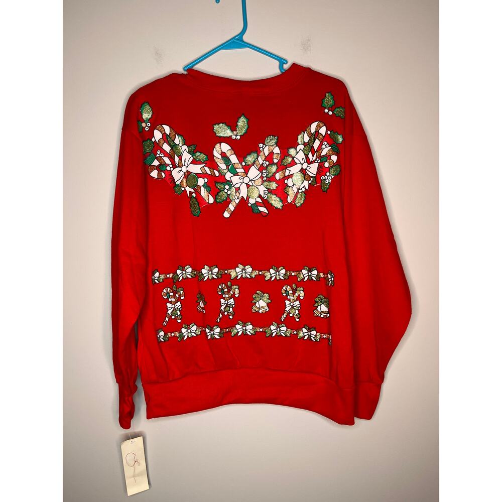 NWT 1980s Michel Nicole Puffy Christmas Glitter‎ Candy Cane Bells Sweatshirt L - Picture 5 of 6